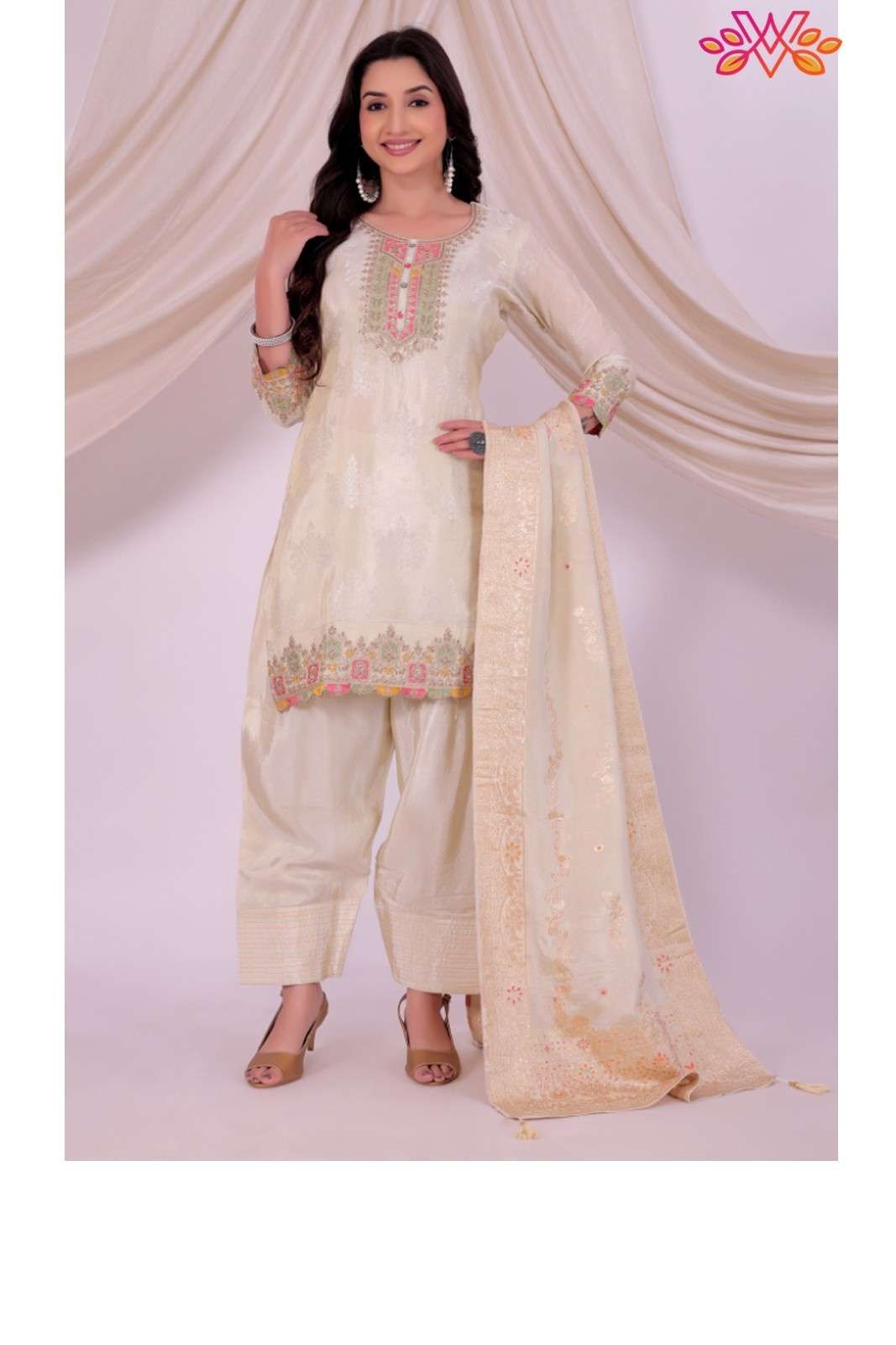 Off White Jacquard Embroi..